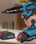 Kick Those Cables To The Curb With This Beast Mode Cordless Rivet Nut Gun And Automatic Pop Rivet Tool For M3 M12 Projects Comes Fully Loaded With Dual Rechargeable Batteries, close-up of cordless rivet gun with batteries.