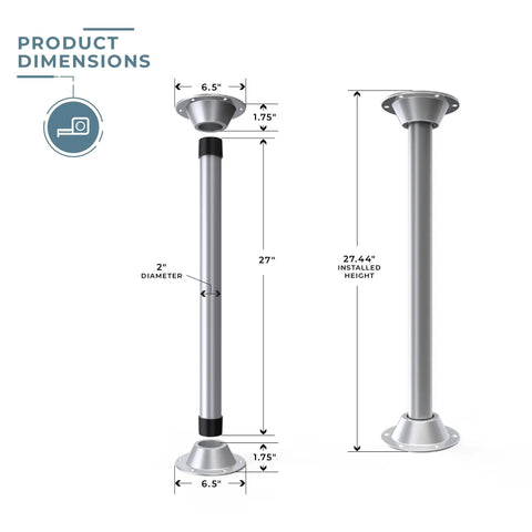 SurFit 27 Inch RV Table Leg System with dimensions, 27.44 inch height, and 2 inch diameter, powder coated aluminum bases.