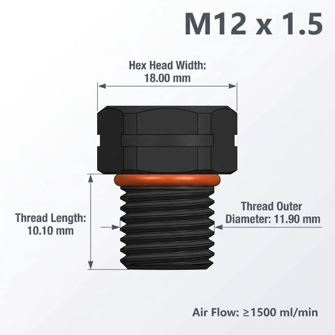 M12x1.5 IP68 breather screw showing dimensions, hex head width 18mm, thread length 10.10mm for sealing outdoor electrical boxes. Lock Down That Moisture On Your Rig With These Top Shelf IP68 Breather Screws And Air Vents Fit M12x1.5 Threads And Beat The Dampness On Outdoor Electrical Boxes.