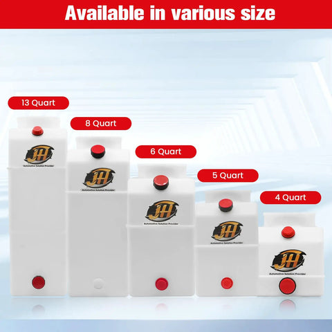 Various sizes of Poly Power Unit Reservoirs, including 6 Quart Poly Power Unit Reservoir For Hydraulic Systems And Flat Bottom Polyethylene Fluid Tank For Dump Trucks Trailers RVs Boats Built Tough For Rugged Use With Wide Opening And Easy Mount Universal Fit, displayed from 4 to 13 quart options with red caps and logos.