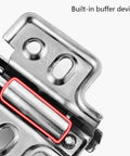 Close-up of soft close full overlay cabinet hinge for frameless doors, showing built-in buffer device and hydraulic cylinder.