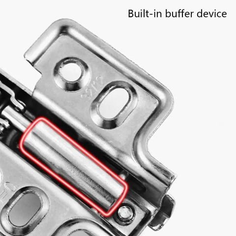 Close-up of soft close full overlay cabinet hinge for frameless doors, showing built-in buffer device and hydraulic cylinder.