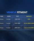 Vehicle fitment chart for Nissan Frontier 1998-2004 models with RWD and 4WD applications