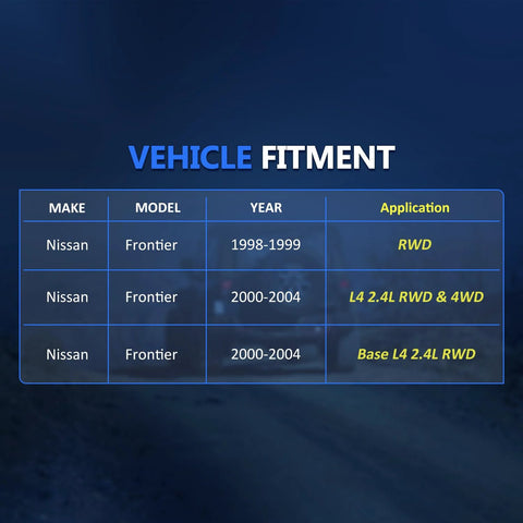 Vehicle fitment chart for Nissan Frontier 1998-2004 models with RWD and 4WD applications