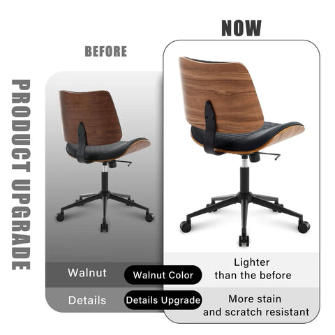 Comparison of armless office chair with wheels for home office, walnut accent, upgraded PU leather, showing improved design features.