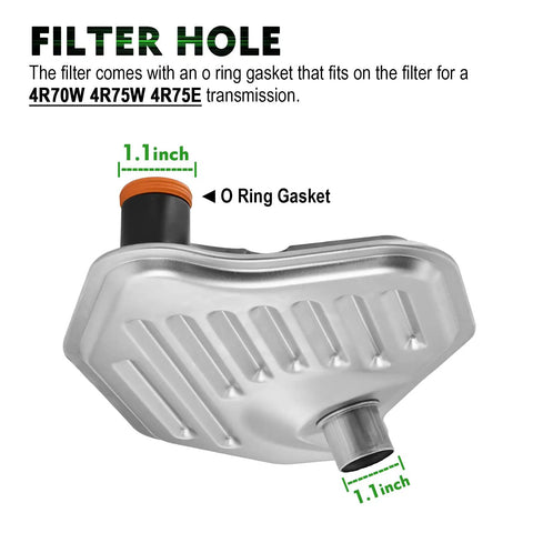FT105 Automatic Transmission Filter Kit showing filter dimensions and O ring for Ford 4R70W 4R75E with pan gasket.
