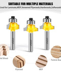 Pro Grade Four Piece Roundover Router Bit Set With One Quarter Inch Shank And C3 Carbide Cutters Shown With Wood Types