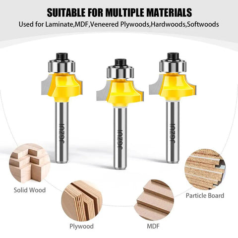 Pro Grade Four Piece Roundover Router Bit Set With One Quarter Inch Shank And C3 Carbide Cutters Shown With Wood Types