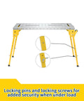 Heavy Duty Folding Welding Table With 46 Inch Steel Workbench Top And Slick Roll Wheels, adjustable locking pins and screws for stability.