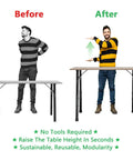 Before and after image demonstrating Heavy Duty Folding Table Leg Extenders Pack Of Four in use to raise table height.