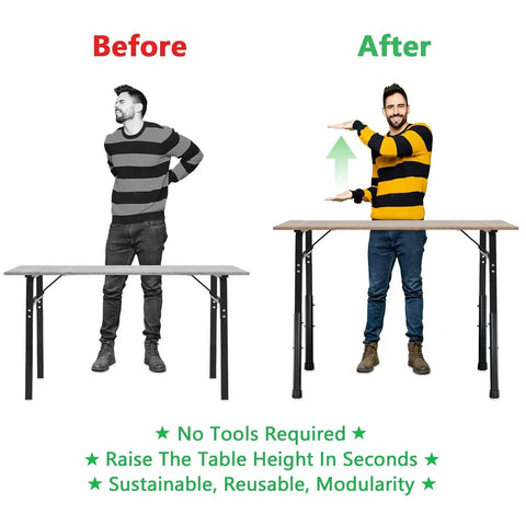 Before and after image demonstrating Heavy Duty Folding Table Leg Extenders Pack Of Four in use to raise table height.