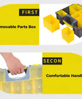 Adjustable Plastic Toolbox With Flexible 9 Compartment Layout, showing removable bins and non-slip handle