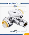 50 Pack Push Fit Tee Stop Valve Set With Quarter Turn Shut Off, Half Inch Push To Half Inch Push And Three Eighth Inch OD Compression Valves With Disconnect Clip, Brass Chrome Plated, Corrosion Resistant, Easy Install For Copper PEX CPVC PE-RT, 1/2 PTC inlet 3/8 OD outlet