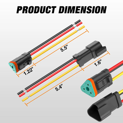 3 Pin DT Electrical Connector Kit 16AWG Waterproof Plug and Play dimensions shown with heat shrink butt terminals