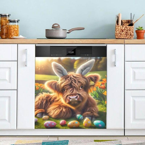 Cute Highland Cow Magnetic Dishwasher Cover For Farmhouse Kitchen Decor 23x26 Inches Easy Peel And Trim Door Sticker Installed
