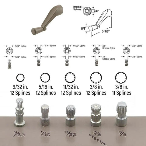 Stone Spline Socket Casement Window Crank Handle With 3/8 Inch Bore And 3-1/8 Inch Reach, Smooth 360 Degree Action, diecast designs