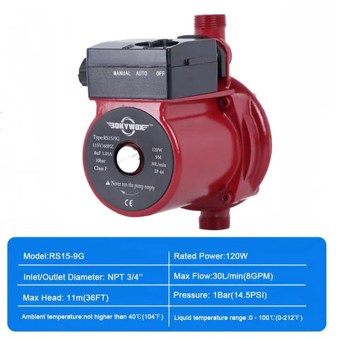 120 Watt Automatic Hot Water Recirculation Pump with NPT 3/4 inch connectors for boosting household pressure and solar heaters.