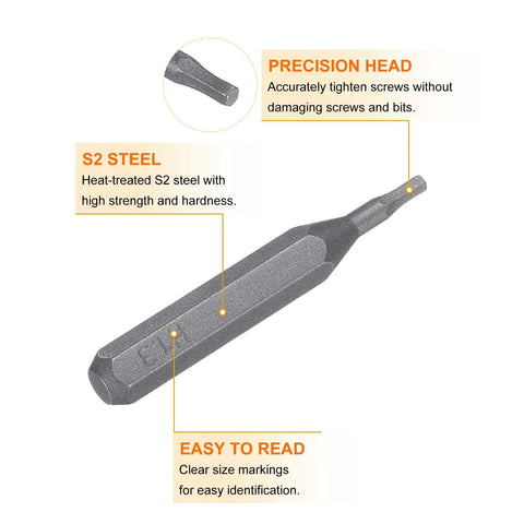 10 Pack H1.3 Hex Screwdriver Bits Set Magnetic Hex Head, 5/32 Inch Shank, 28mm Length, S2 Steel detail of precision head