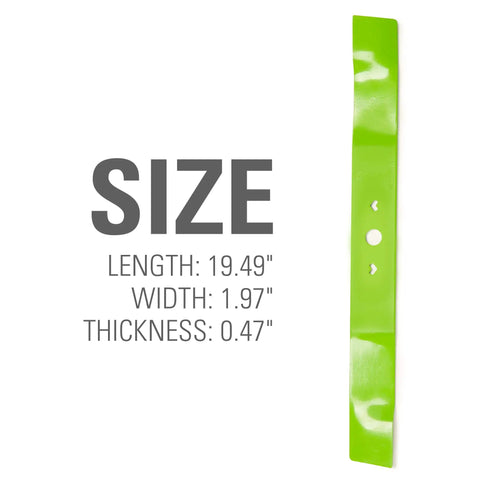 20 Inch Replacement Lawn Mower Blade For 20 Inch Mower Models MO48L4210 MO48L4212 MO48L4210D Heat Treated Steel displayed with size dimensions