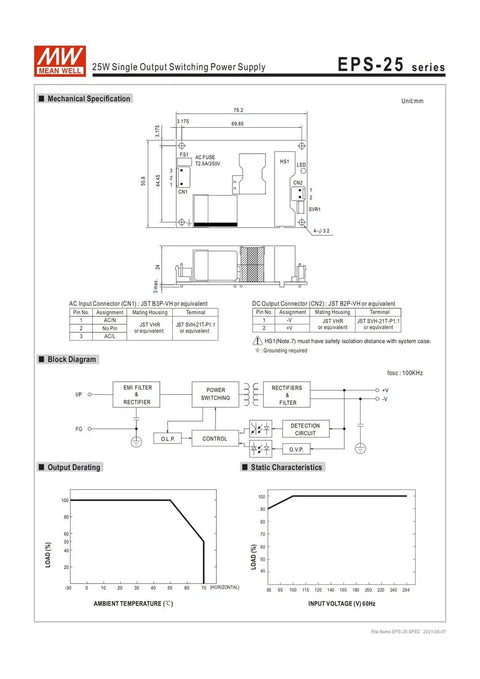 Industrial Single Output Switching Power Supply 25W EPS Series With 12V 15V 24V 27V 3.3V 36V 48V 5V And 7.5V Outputs, Wide Input Range, High Efficiency, Pro Grade Workhorse Power Converter for Automation, Prototyping And Industrial Use schematic drawing