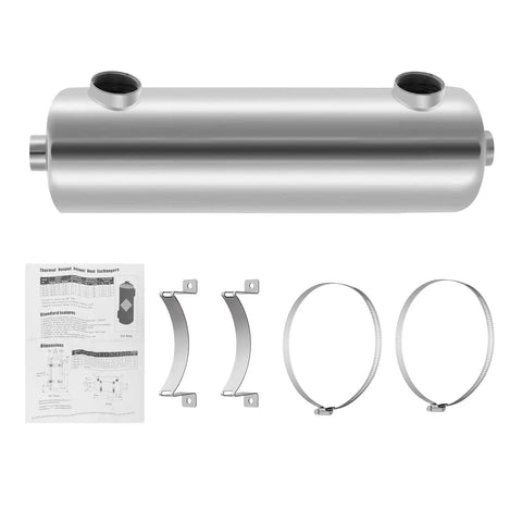 200KBTU Pool Heat Exchanger With 304 Stainless Steel Shell And Tubes, Same Side Ports 1 Inch And One Half Inch Fpt, 4.8 Sq Ft Heat Transfer Area For Swimming Pools, Spas, Hot Tubs, And Solar Heating