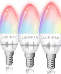 Candelabra E12 LED Smart Bulbs 2 4G WiFi RGB Color Changing Lights Works With Alexa Google Home Music Sync Tunable White App Control 5W 400lm No Hub Needed 3 Pack featuring rainbow light effect.