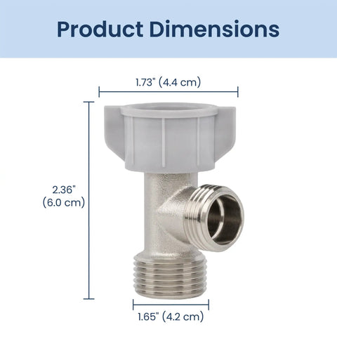 Hybrid Metal And Plastic Cold Water T Adapter For Bidets Seven Eighths By Seven Eighths By One Half Inch dimensions shown