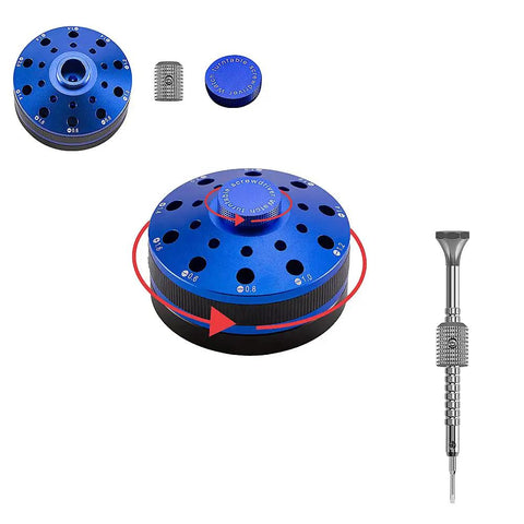 10 Pcs Precision Slotted And Phillips Watch Screwdriver Set With 20 Extra Replacement Blades shown with screwdriver and metal storage case.