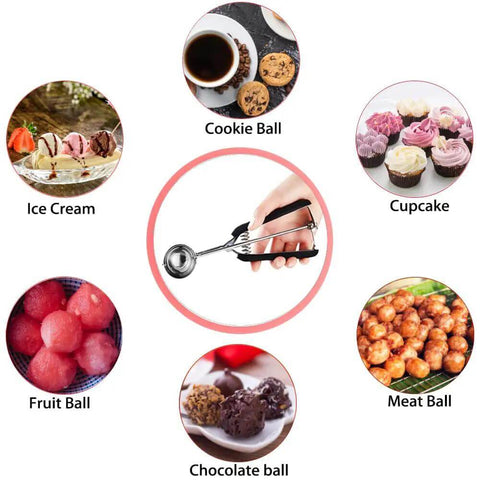 Two Tablespoon Cookie Dough Scoop For Baking Size 40 With Spring Loaded Mechanism displayed alongside desserts