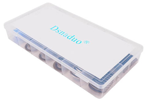 Image of a plastic storage case containing a 100Pcs 12 Types Metal And Rubber Drain Plug Gasket Set With 12 Sizes For Cars And Trucks Universal Oil Pan And Drain Plug Gasket Kit Includes Replacement Numbers 097-021 097-025 097-035 097-116 097-119 097-115 097-139 097-146 55196309.