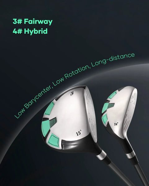 Close-up of 3# fairway and 4# hybrid clubs from the 9 Piece Complete Golf Club Set For Beginners And Weekend Golfers With Steel Shafts