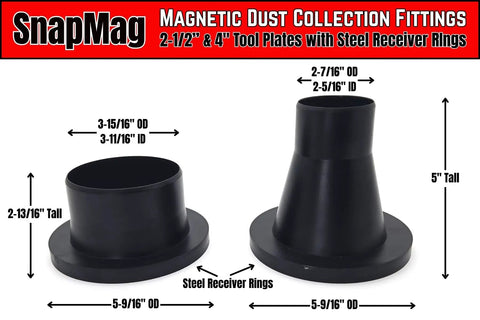 SnapMag 10 Piece Magnetic Dust Collection Starter Kit For Four Inch Hoses And Ports Quick Connect Dust Collector System with tool plates and steel receiver rings.