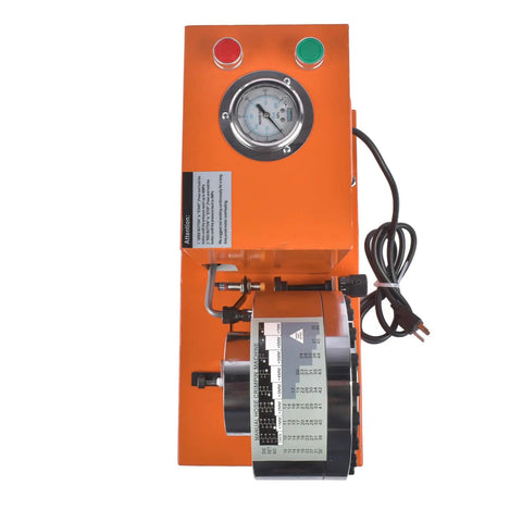 Heavy Duty Electric Hydraulic Hose Crimper 110V Portable Pipe Press Machine showing control panel and pressure gauge.