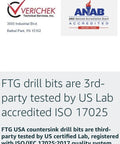Verichek Technical Services logo and ANAB accreditation logo, emphasizing ISO 17025 certification for drill bits.