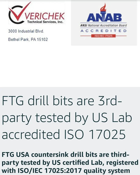 Verichek Technical Services logo and ANAB accreditation logo, emphasizing ISO 17025 certification for drill bits.