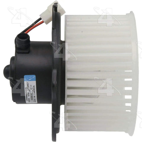 Top Shelf AC Blower Motor With Fan Wheel Plug And Play Auto Heating And Cooling System Replacement side view showing motor and fan wheel.