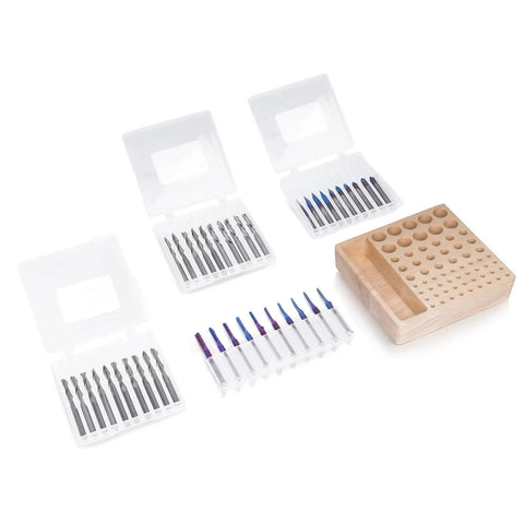 Forty Piece Pro Grade End Mills CNC Router Bit Set With Storage Tray One Eighth Inch Shank Includes Two Flute Flat Nose Ball Nose And V Bit