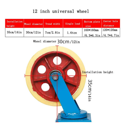 12 inch universal wheel with 30cm diameter, 7cm tread width, suitable for factory use, features sturdy red and blue design.