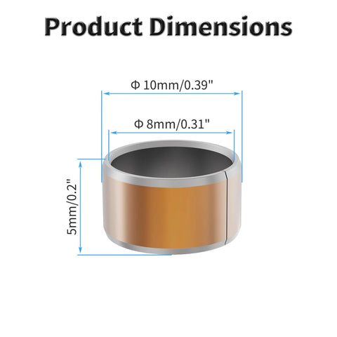 Bronze sleeve bearing with silver ends, 8 mm bore, 10 mm outer diameter, 5 mm length.