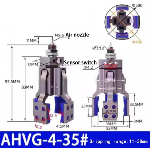Diagram of Go To Workhorse Fixture Cylinder With Four Claw Clamp And Sensor Switch Mechanical Arm Mini Gripper Finger Water Spout Clip AHVG35.