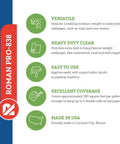 Heavy Duty Clear Wallpaper Adhesive With Extra Tack For Vinyl And Nonwoven Wallpapers Non Staining Formula 1 Gallon Up To 280 Sq Ft features and benefits infographic.