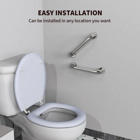 Bathroom with 12 Inch No Slip Shower Grab Bar Handle Stainless Steel Chrome Finish Knurled Bathroom Safety Hand Rail Support For Seniors Handicap Elderly Injury Prevention Easy Secure Install shown near toilet