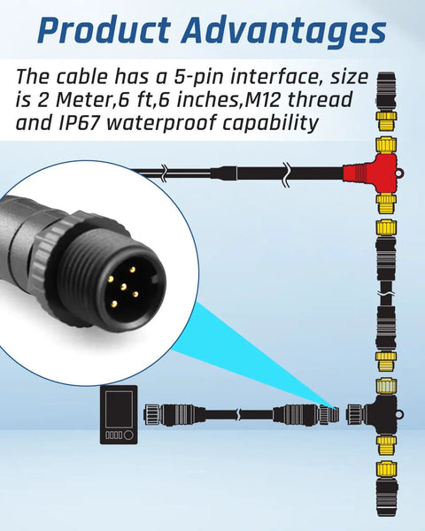 Heavy Duty NMEA 2000 Marine Network Cable 6 6 Foot Length Backbone Drop Extension Wiring Link with 5-pin M12 connector.
