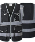 Rock Solid 9 Pocket Reflective Safety Vest Designed To Handle The Daily Construction Grind With Spacious Zippered Stash Bins Heavy Duty Utility Wear For Men And Women, front and back view with multiple pockets.