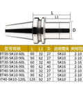 Diagram of beefed up collet chuck tool holders set for BT SK series shank milling machine tools with measurement table