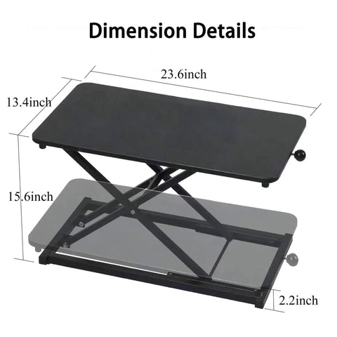 Height Adjustable Standing Desk Converter dimensions 13.4 x 23.6 inches shown, ergonomic sit-stand workstation, keyboard stand.