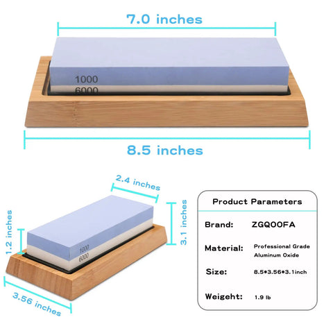 Double Sided Knife Sharpener Kit 1000 6000 Grit With Slip Resistant Bamboo Base And Angle Guide For Precision Honing And Pro Grade Knife Sharpening Stone Set dimensions