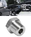 Mechanic installing Stainless Steel NPT Adapter Converting 1 16 Female To 1 8 Male Thread Specs For Auto Mechanic Needs Ensuring Zero Leak Risks With Secure Grip On Any Pipe System Today It Holds Up Well And Prevents Damage Saving You Cash On Repairs Today on engine bay line
