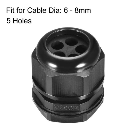 M32 Five Hole Cable Gland Waterproof IP68 Nylon Joint Locknut for 6 to 8mm wire, heavy duty seal, black