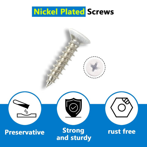 Nickel plated screws showing features like preservation, strength, and rust-free qualities, part of 18 Piece White L Bracket Set With 72 Screws